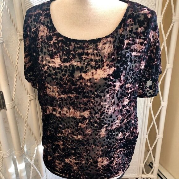 Club Monaco Top Pink Black Burnout Velvet Cheetah Print Sheer Mesh size Small - Picture 3 of 16